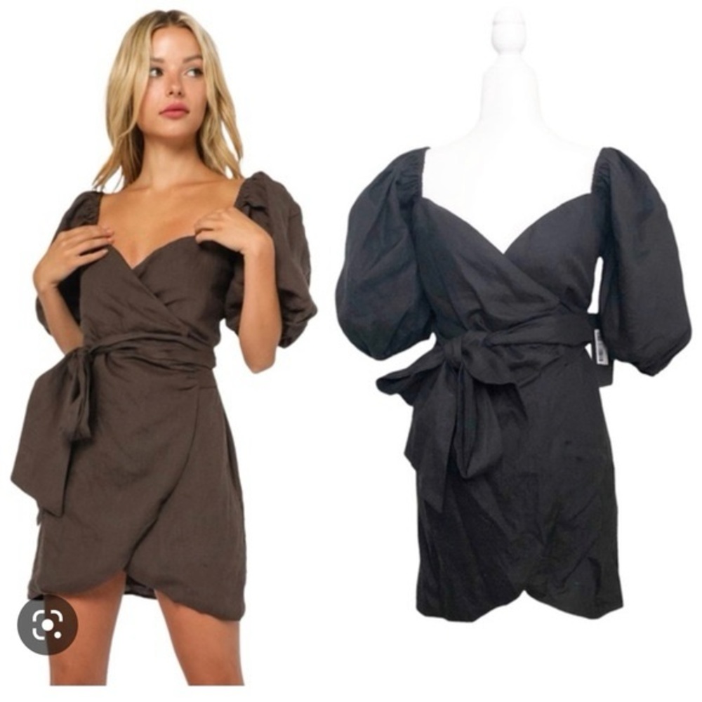 🤎Olive Brown Puff Sleeve Wrap Mini Dress by Olivaceous - Picture 2 of 5